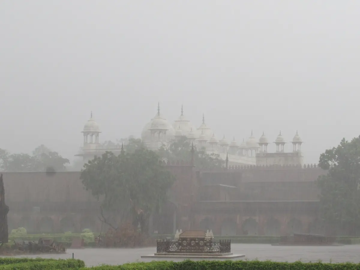 Moti Masjid domes fading into thick winter fog above the red fort wall