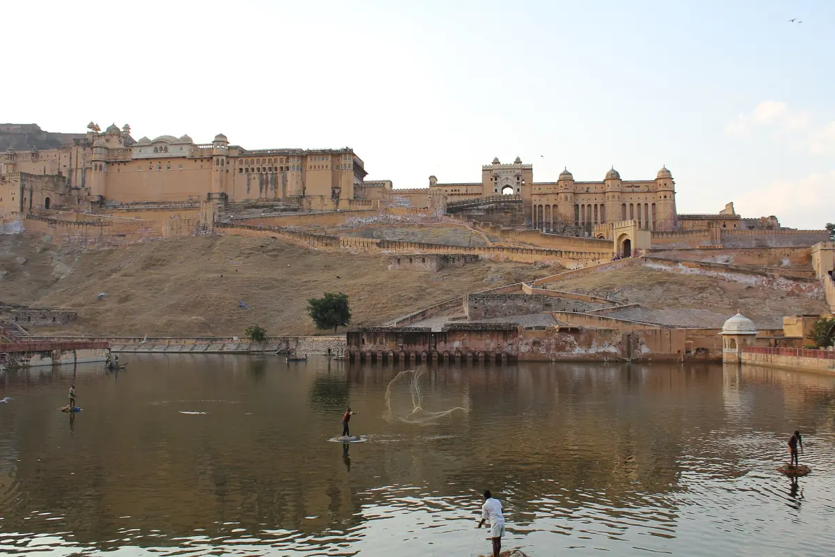 Amber Fort above Maota Lake on a dry hillside near Jaipur