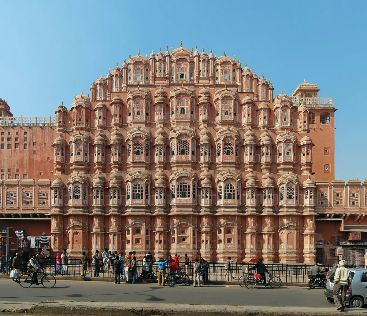 Pink sandstone honeycomb facade of Hawa Mahal in Jaipur