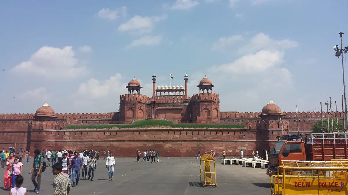 Lahori Gate and forecourt of the Red Fort in Delhi under a cloudy sky