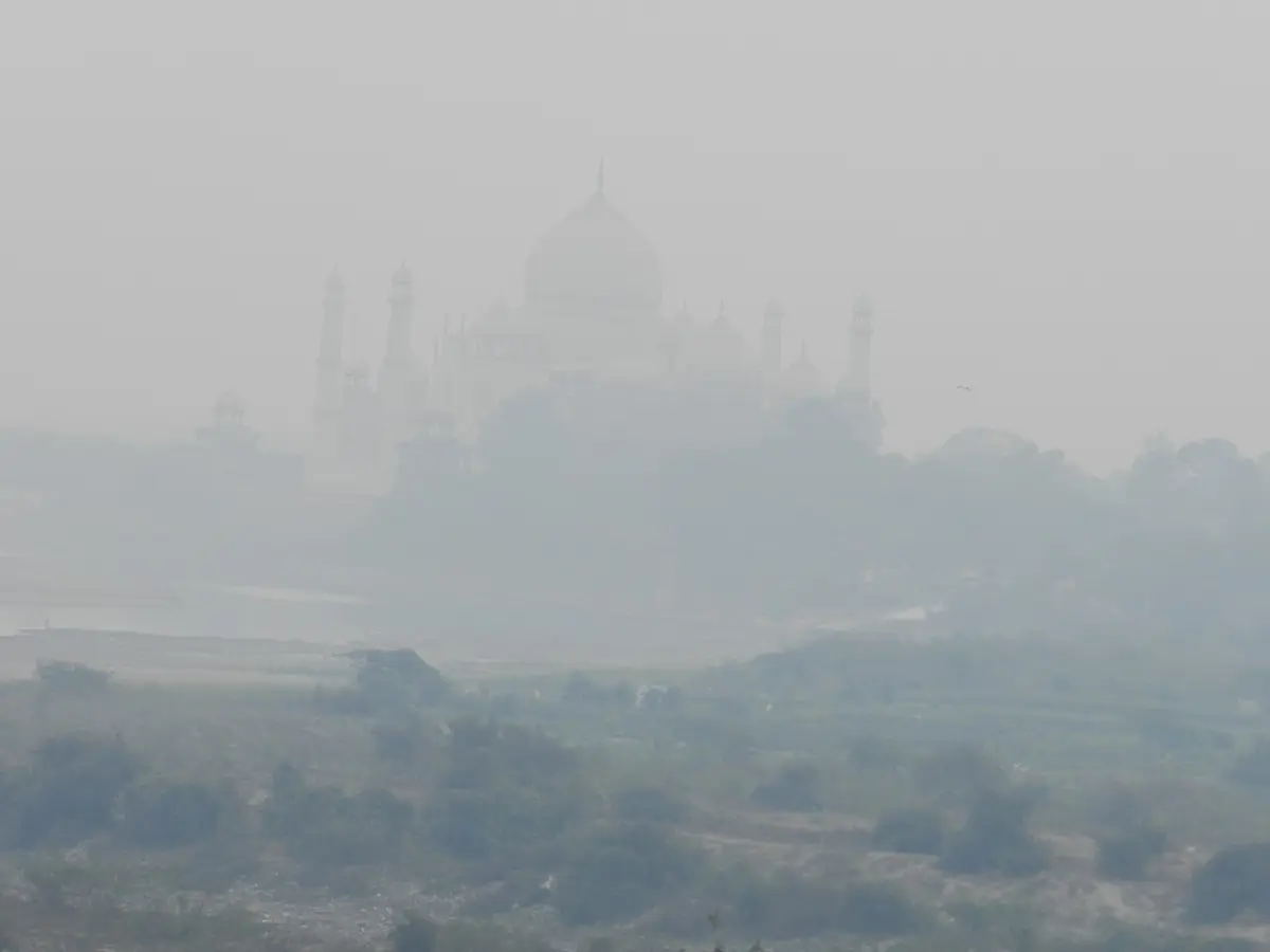 Taj Mahal barely visible in heavy fog beyond the trees seen from Agra Fort